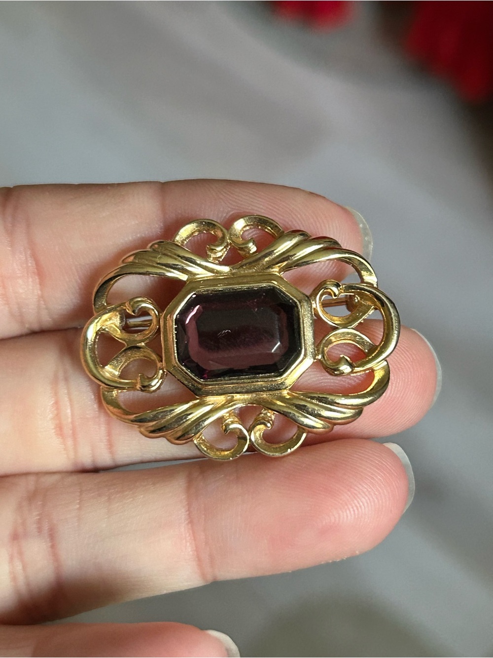 4/$100 Gold-Tone Brooch with Deep Amethyst Stone